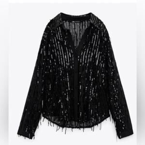 NWT- Zara  Woman Black Shirt Top With Sequined Fringing SZ M